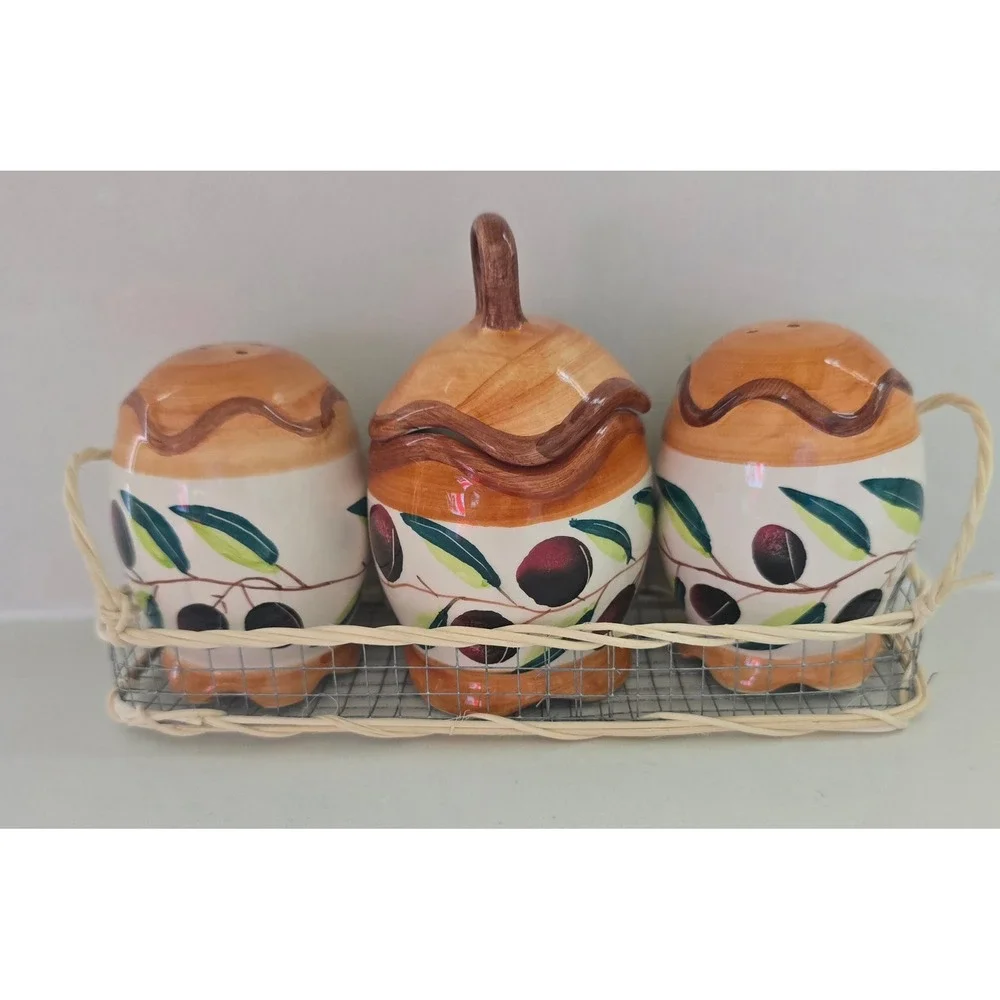 Ceramic Olive Branch Salt‎ Pepper Shakers and Sugar Pot Set with Wicker Caddy